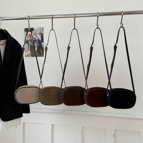 Women Vintage Split Leather Suede Oval Crossbody Bag Solid Color Small Shoulder Bag For Daily Commuting Retro Elegant Purse