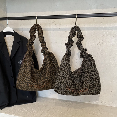 Large Capacity Leopard Print Tote Bag PU Leather Ruched Shoulder Strap Hobo Bag Vintage Casual Women Zipper Handbag