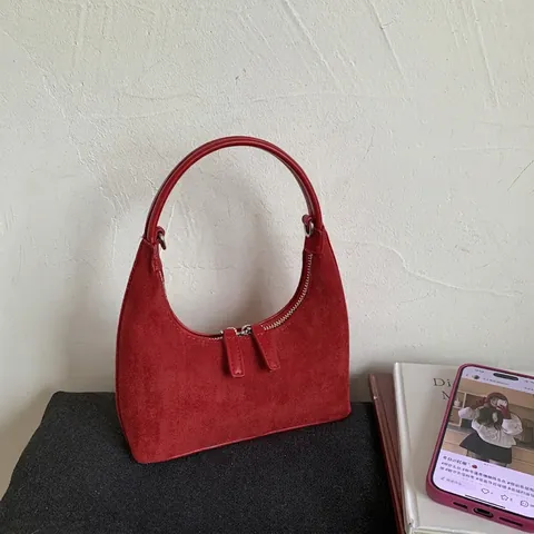 Vintage Hobo Bag Women Suede Texture PU Leather Crescent Shoulder Crossbody Handbag Dual Zipper Casual Commuting