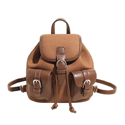 Vintage Canvas PU Leder Mini Rucksack Damen Mehrere Taschen Kordelzug Flip Cover College Stil Lässiger Pendler Rucksack