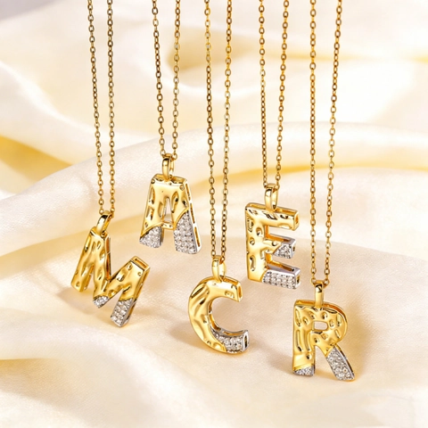 Collana Lettera Iniziale Rame Placcato Oro Zirconia Due Toni Texture Alfabeto Pendente Gioielli Donna Regalo