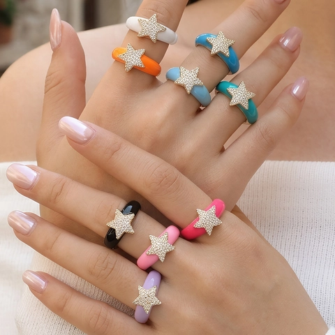 Mode Stern Emaille Offener Ring Für Damen Verstellbar Kupfer Vergoldet Zirkonia Eingelegt Mehrfarbig Statement Ring Schmuck