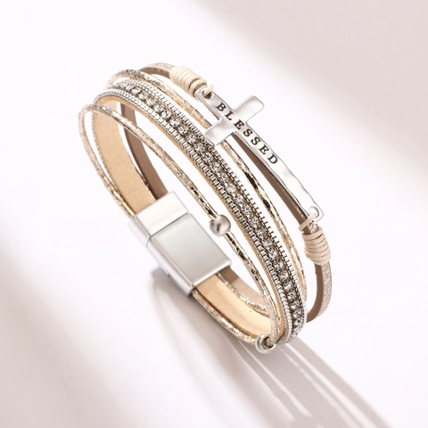 Bohemia Multi-layer Wrap Bracelet PU Leather Alloy Rhinestone Blessed Cross Heart Tree Of Life Magnetic Clasp Women