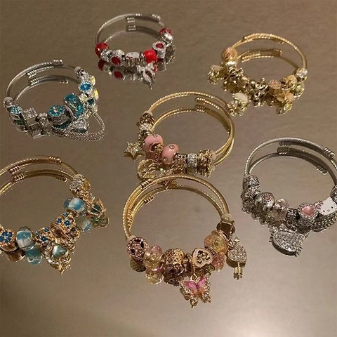 Charm Bracelet Stainless Steel Twisted Cable DIY Handmade Enamel Rhinestone Heart Star Moon Pendant Jewelry Women Girls