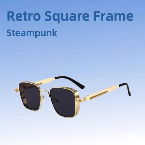 Vintage Square Steampunk Sunglasses For Men Metal Frame UV400 Protection Retro Hip Hop Punk Style Eyewear For Driving