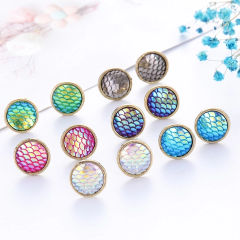 Round Stud Earrings With Iridescent Mermaid Fish Scale Pattern Alloy Copper Post Colorful Fashion Jewelry For Women