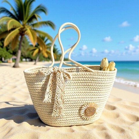 Handwoven Tote Bag Cotton Rope Large Capacity Lace Bow Flower Decoration Vacation Beach Shoulder Handbag Korean Style