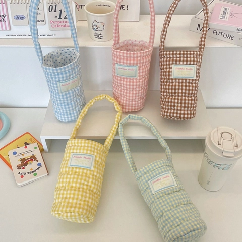 Gewatteerd Katoen Gingham Waterfles Tas Met Hart Patroon Draagbare Handtas Vrouwen Dagelijks Geïsoleerde Bekerhouder