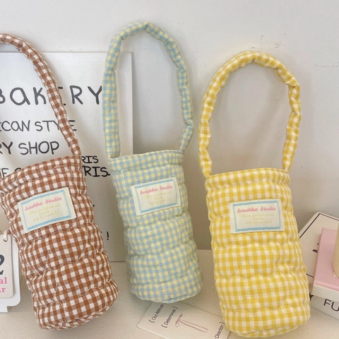 Gewatteerd Katoen Gingham Waterfles Tas Met Hart Patroon Draagbare Handtas Vrouwen Dagelijks Geïsoleerde Bekerhouder