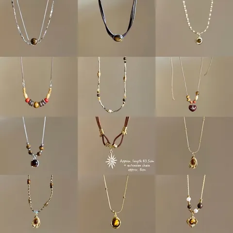 Collier Pendentif En Pierre Oeil De Tigre Vintage Chaîne De Pull Perlée En Alliage Bijoux Bohèmes Pour Femmes