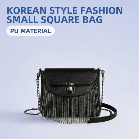 Damen PU Leder Umhängetasche Kleine Quadratische Schultertasche Mit Metallketten Quasten Nieten Und Schlossverschluss
