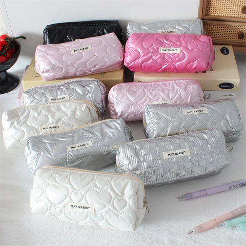 Quilted Puffy Pencil Case Heart Star Pattern Metallic PU Makeup Bag Stationery Organizer Zipper Pouch For Women Students