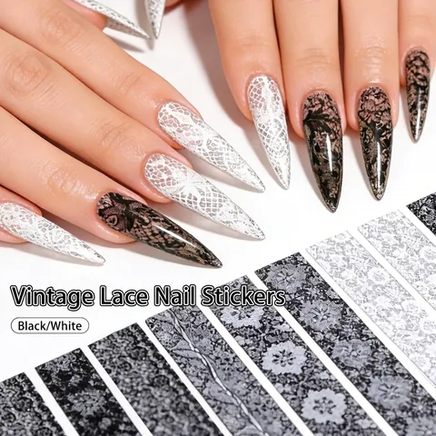 Nail Transfer Foils Lace Floral Pattern Stickers Black White Hollow Out Manicure Art Decor Women DIY