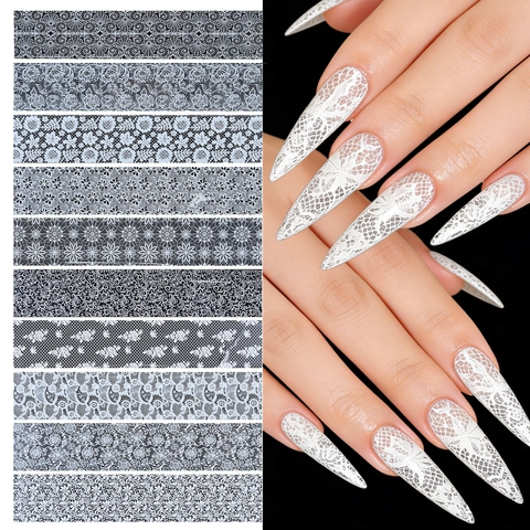 Nail Transfer Foils Lace Floral Pattern Stickers Black White Hollow Out Manicure Art Decor Women DIY