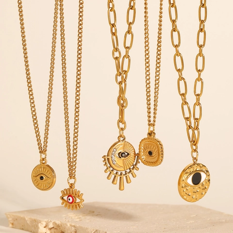 Evil Eye Pendant Necklace Gold Plated 304 Stainless Steel Enamel Rhinestone Bohemian Retro Jewelry For Women