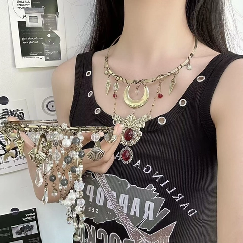 Collana Choker Bohemienne Vintage Lega Invecchiata Nappa Gemma Sintetica Luna Stella Pendente Gioielli Retrò