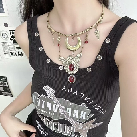 Collana Choker Bohemienne Vintage Lega Invecchiata Nappa Gemma Sintetica Luna Stella Pendente Gioielli Retrò