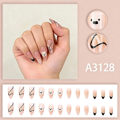 Almond Press On Nagels Nude Roze Verloop Franse Zwarte Lijn Schattige Cartoon Beer Kunstnagels Manicure Tips