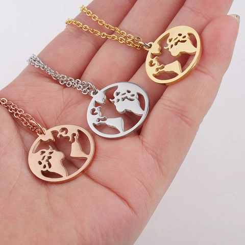 Minimalistische Edelstahl Weltkarte Rund Anhänger Halskette Gold Silber Roségold Galvanisiert O-Kette Schmuck Für Damen