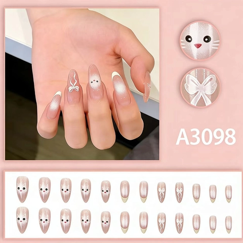 Uñas Postizas Press On Forma Almendra Estilo Francés Patrón Gato Lazo Degradado Rosa Nude Para Mujeres