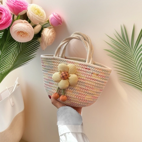 Handwoven Cotton Rope Handbag With 3D Floral Decoration Summer Beach Small Tote For Women Casual Sweet Style
