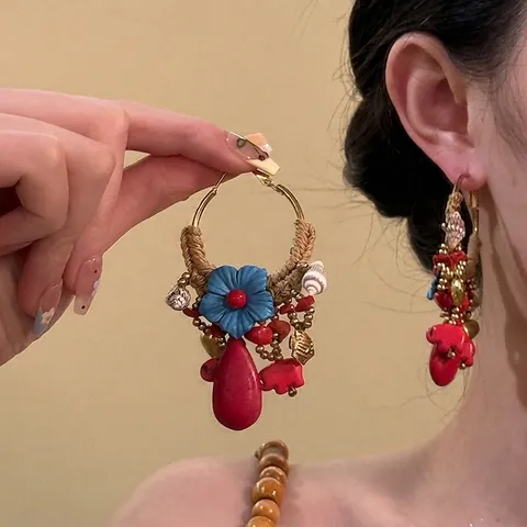Pendientes De Aro Bohemios Con Poste De Plata De Ley 925 Aleación Cuerda Tejida Flor De Resina Concha Joyería Étnica Retro