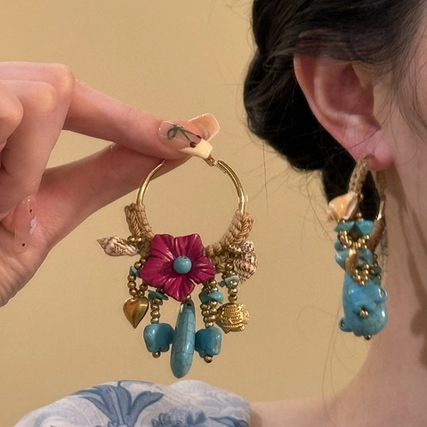 Pendientes De Aro Bohemios Con Poste De Plata De Ley 925 Aleación Cuerda Tejida Flor De Resina Concha Joyería Étnica Retro