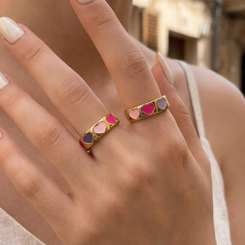 Vintage Offener Fingerring Vergoldetes Kupfer Buntes Emaille Herz Handfläche Muster Verstellbar Mode Schmuck Damen