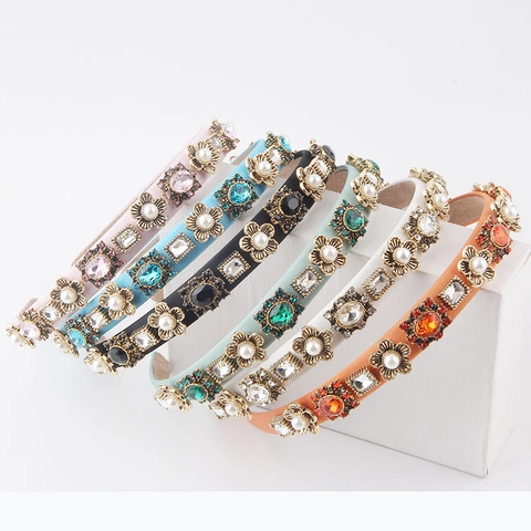 Baroque Headband Thin Sponge Rhinestone Faux Artificial Pearl Vintage Alloy Flower Decorative Hairband For Women