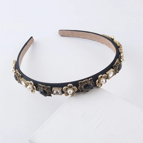 Baroque Headband Thin Sponge Rhinestone Faux Artificial Pearl Vintage Alloy Flower Decorative Hairband For Women