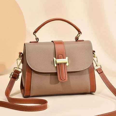 Women Handbag PU Leather Lychee Pattern Contrast Color Crossbody Bag With Top Handle Adjustable Strap Small Square Bag