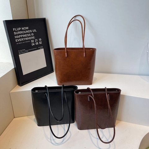 Sac Tote En Cuir PU Vintage Grande Capacité Fermeture Éclair Sac À Épaule Style Commutant Simple Pour Femmes Rétro