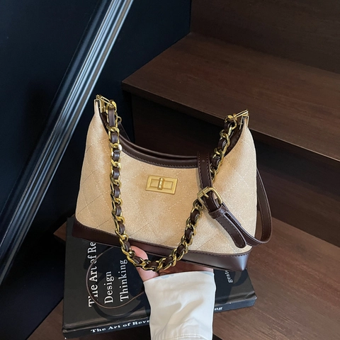 Bolso de Hombro Vintage Acolchado de Diamantes Mujer Gamuza Sintética Cuero PU Cadena Bolso Axila Bandoulière Cierre Giro
