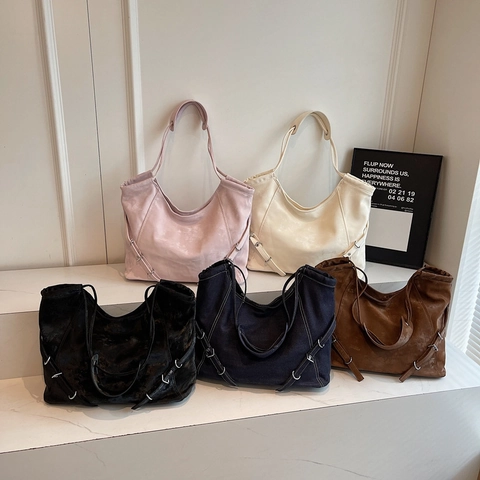 Bolso Tote Retro De Gran Capacidad Mujer Cuero PU Y Tela De Mezclilla Distressed Hobo Bolso De Hombro Con Hebillas Ajustables
