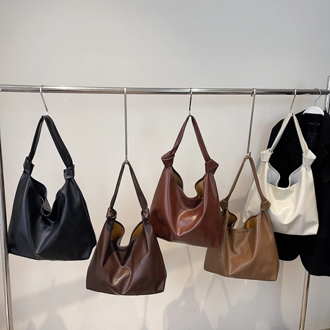Large Capacity PU Leather Hobo Bag For Women Knotted Shoulder Strap Minimalist Chic Commuter Tote Bag With Inner Pouch