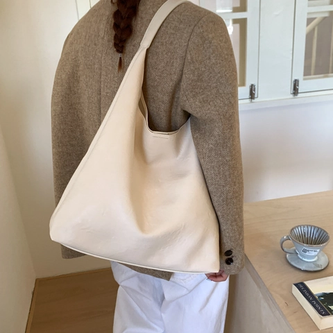 Amerikaanse Vintage PU Lederen Tote Bag Voor Vrouwen Grote Capaciteit Minimalistisch Effen Kleur Retro Hobo Schoudertas Commuter Handbag
