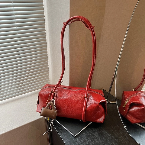 Women PU Leather Underarm Shoulder Bag Large Capacity Solid Color Boston Pillow Bag With Mini Charm Pendant
