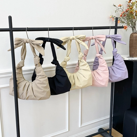 Women Pleated Bow Shoulder Bag Ruched Crescent Hobo Handbag Solid Color Chic Nylon Underarm Purse For Girls