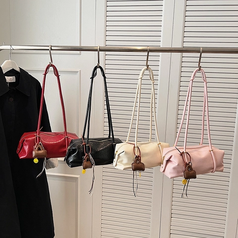 Women PU Leather Underarm Shoulder Bag Large Capacity Solid Color Boston Pillow Bag With Mini Charm Pendant