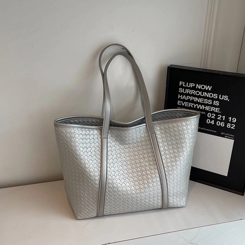 Bolso Tote Tejido de Gran Capacidad para Mujer Cuero PU Color Sólido Bolso de Mano Chic Bolso de Hombro para Trabajo Estilo Coreano