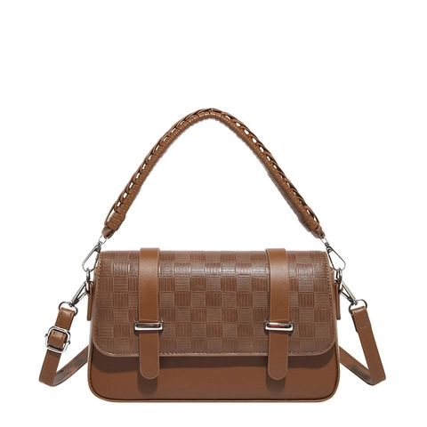 Vintage Grid Embossed PU Leather Crossbody Bag For Women Retro Handbag With Braided Handle And Adjustable Shoulder Strap