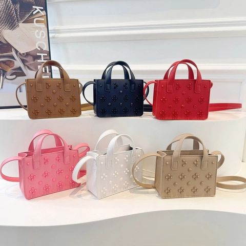 Mini Handtasche Gekörntes PU Leder Nieten Blumenmuster Kleine Quadratische Umhängetasche Tragetasche Mit Doppelgriffen Damen