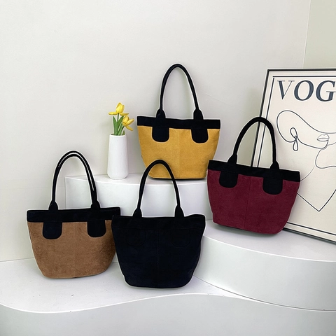 Bolso Tote De PU Gamuza Gran Capacidad Color Contrastado Retro Bolso De Hombro Mujer Casual Cremallera