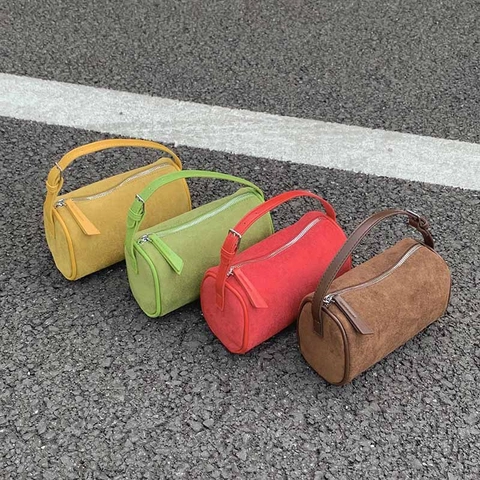 Vintage Damen Zylindertasche Mattiertes PU Wildleder Schulter Umhängetasche Nischen Minimalistische Unterarmtasche Für Den Alltag