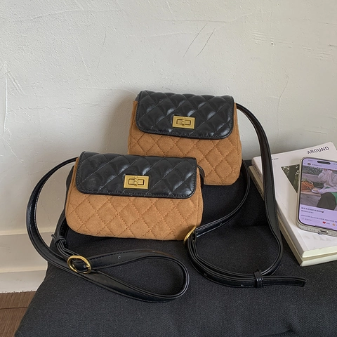 Women's Quilted Contrast Color PU Leather Crossbody Bag Vintage Turn Lock Small Square Shoulder Bag For Daily Work Travel