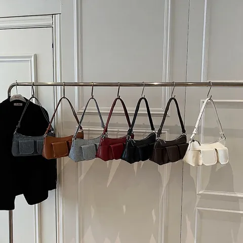 Minimalist Underarm Baguette Bag PU Leather Retro Double Pocket Shoulder Crossbody Bag For Women