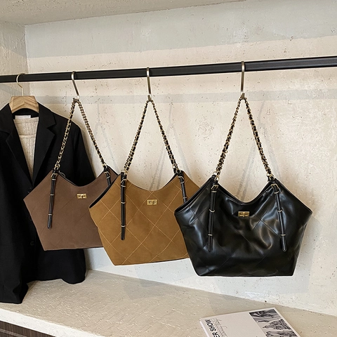 Damen Große Kapazität Einkaufstasche Rautenmuster Gold Metallschloss Kettengurt Wildleder PU Leder Schultertasche Für Pendeln