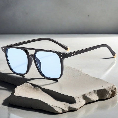 Lunettes De Soleil Carrées Rétro Double Pont Protection UV400 Monture PC Verres AC Décoration Rivet Style Pilote Unisexe