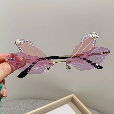 Gafas De Sol Alas De Libélula Sin Montura Marco Metal Strass Perla Artificial Decoración Degradado UV400 Mujeres Fiesta
