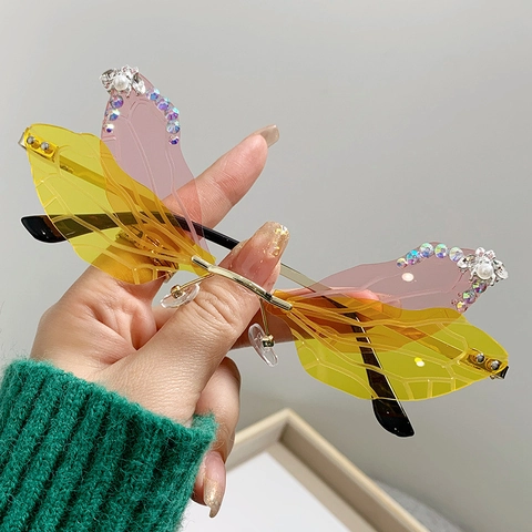 Gafas De Sol Alas De Libélula Sin Montura Marco Metal Strass Perla Artificial Decoración Degradado UV400 Mujeres Fiesta